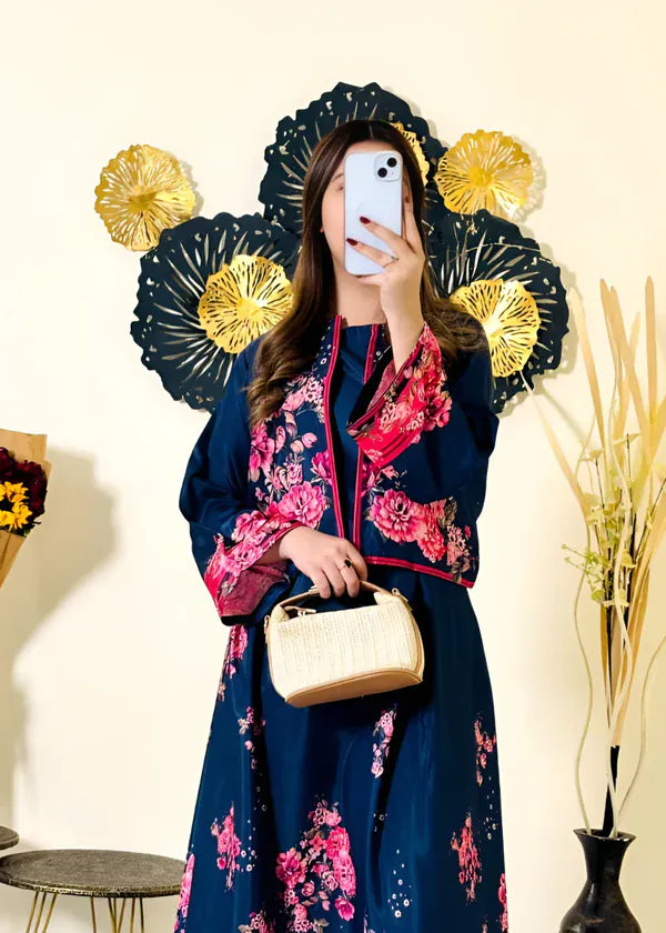 Navy Blue Embroidered Katan Silk Maxi Suit 3 Pcs Set