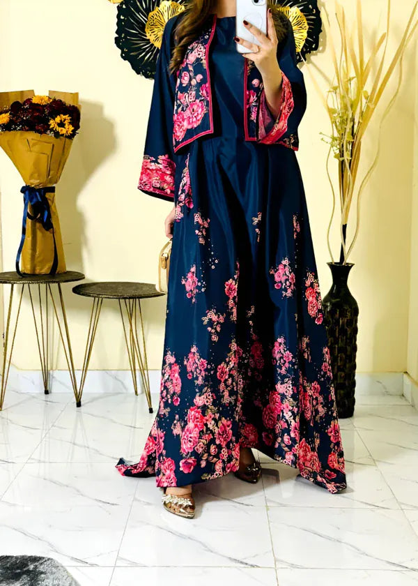 Navy Blue Embroidered Katan Silk Maxi Suit 3 Pcs Set