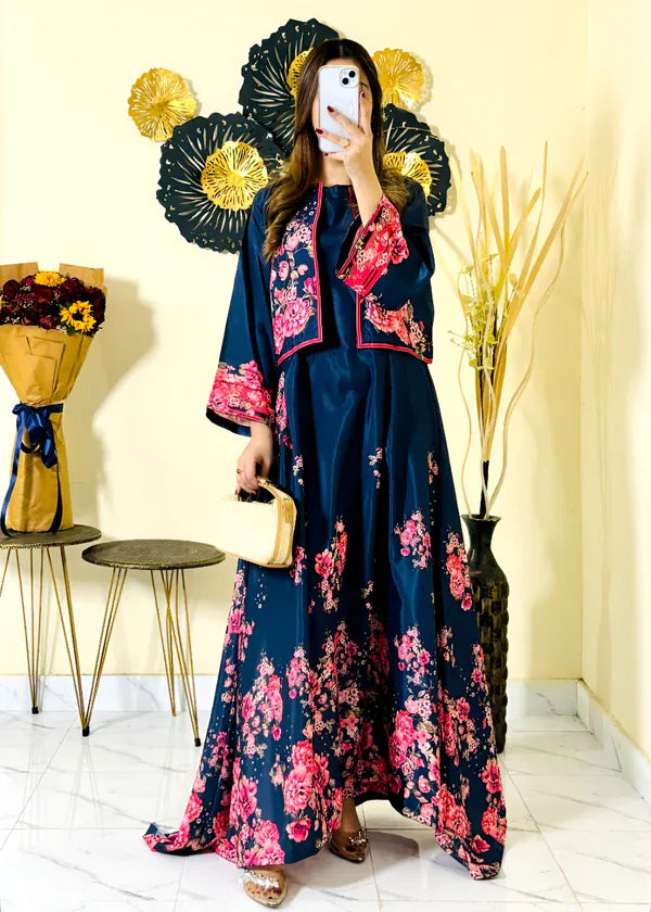 Navy Blue Embroidered Katan Silk Maxi Suit 3 Pcs Set