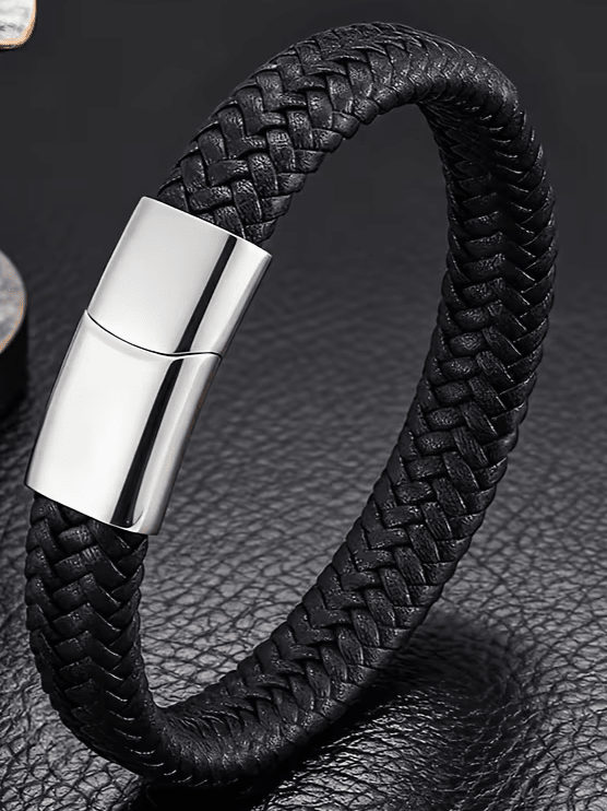 Buy 1 Get 1 Free Braided Leather Black Magnetic Lock Fashion Bracelet - My Store